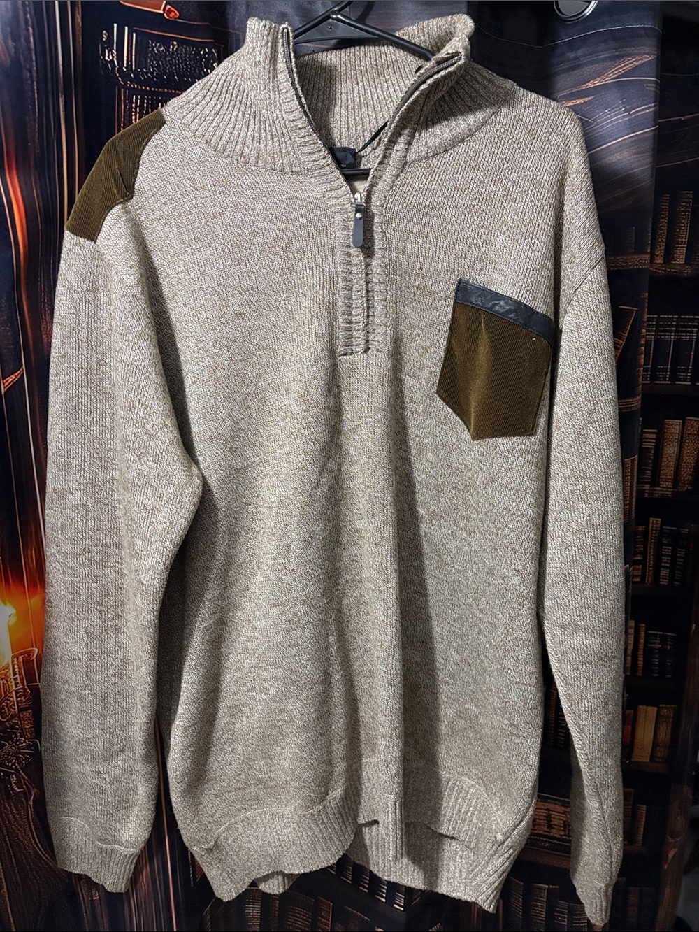 Men's Zip Sweater Pullover in Taupe with Olive Accents